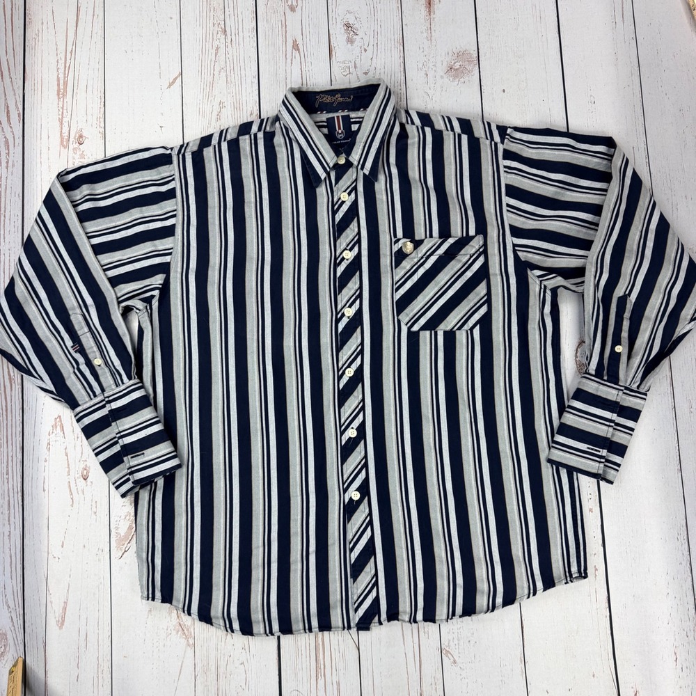 Phat Farm Mens XL Long Sleeve Button Down Shirt Navy Grey Striped Streetwear